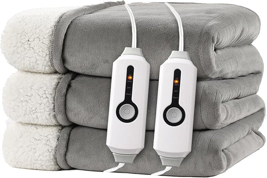 Electric Heated Blanket 84"x90" Queen Size, Dual-Sided Microplush Sherpa for Bedroom Couch Use, 4 Heat Settings & 10 Hours Auto Off Energy Saving, Dual Controller, Machine Washable - Light Gray