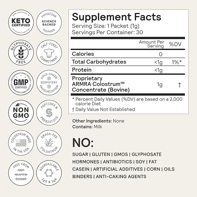 ARMRA Colostrum en poudre | Sans arôme | Santé intestinale et ballonnements | Peau et cheveux | Immunité | Céto, sans gluten et sans matières grasses | 30 portions