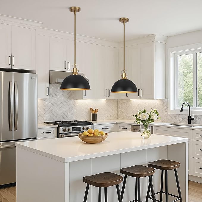 LamQee 13 Inch Black and Gold Metal Pendant Light Kitchen Island, Farmhouse Modern Dome Pendant Light Fixtures Ceiling Hanging Lighting Chandelier for Dining Room Over Table, Bar, Hallway, Entryway