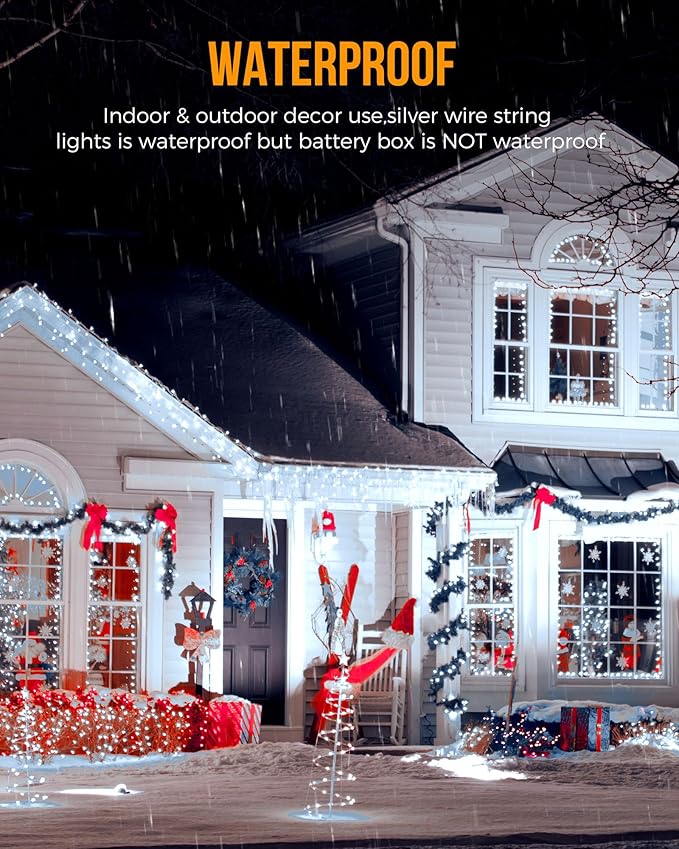 Fairy Lights Battery Operated, 10Feet 120LEDs Firecracker String Lights Waterproof Silver Wire Starry Firefly Light for DIY Wreath Home Wedding Indoor Outdoor Christmas Decorations, Pure White