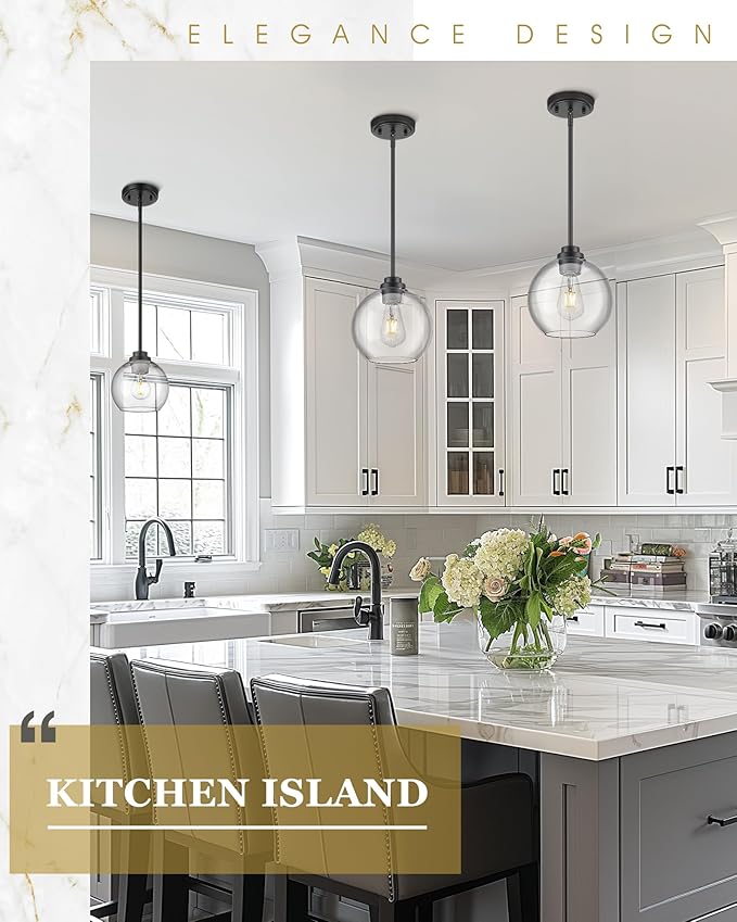 Pendant Lights Kitchen Island, 7" Modern Black Hanging Lights Fixtures with Clear Glass Globe Shade, Kitchen Island Lighting for Bathroom, AD-22280-1P-BK-C