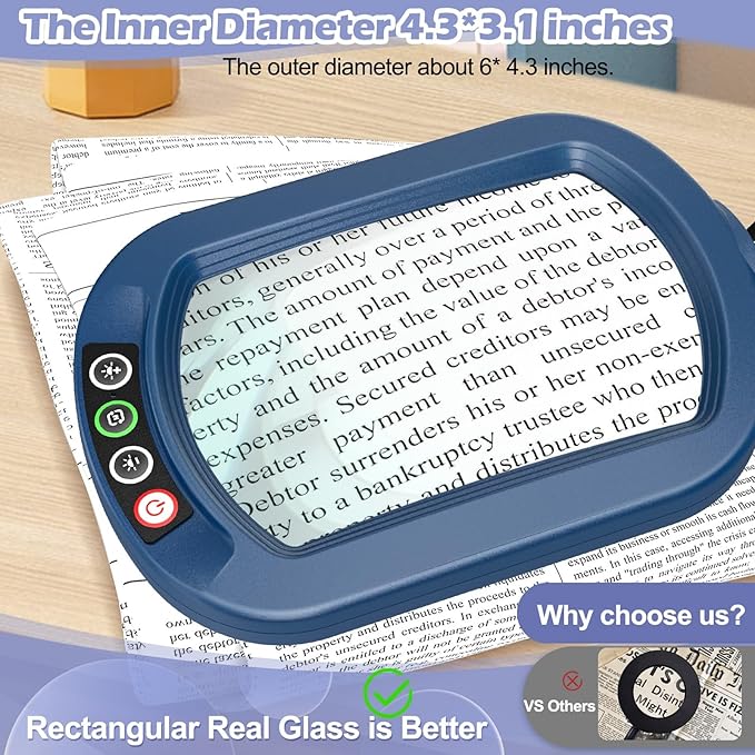 Drdefi 10X Square Magnifying Glass with Light and Stand, Real Glass LED Lighted Magnifier, 5 Color Modes Stepless Dimmable, Hands-Free Mag Desk Lamp with Clamp for Reading Craft Hobby Close Work Blue