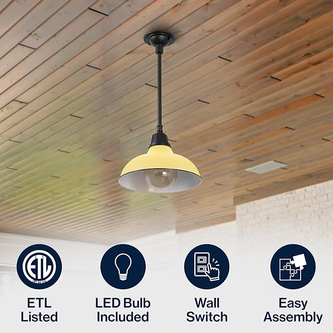 JONATHAN Y 12.25" Matte Yellow 1-Light Farmhouse Indoor/Outdoor LED Pendant Iron Hanging Light, and Black Metal Shade, Rustic Ceiling Lamp for Kitchen Island, LED Bulb Included (JYL7611H)