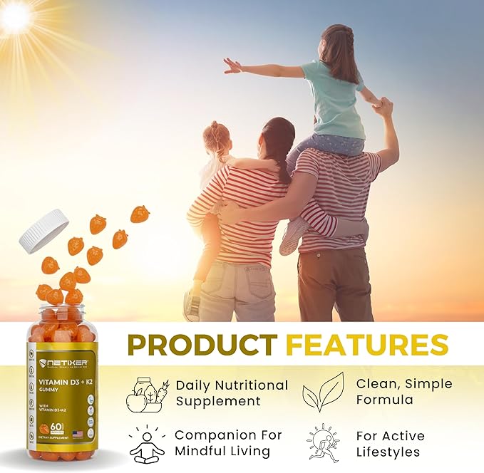 Gummies Vitamine D3 K2 pour Adultes – 60 Gummies Végans à l'Orange | 400 UI (10 mcg) D3 + 55 mcg Vitamine K2 MK-7 | Emballées Individuellement, Sans Gélatine, Sans Gluten, Sans OGM | Certifié Halal