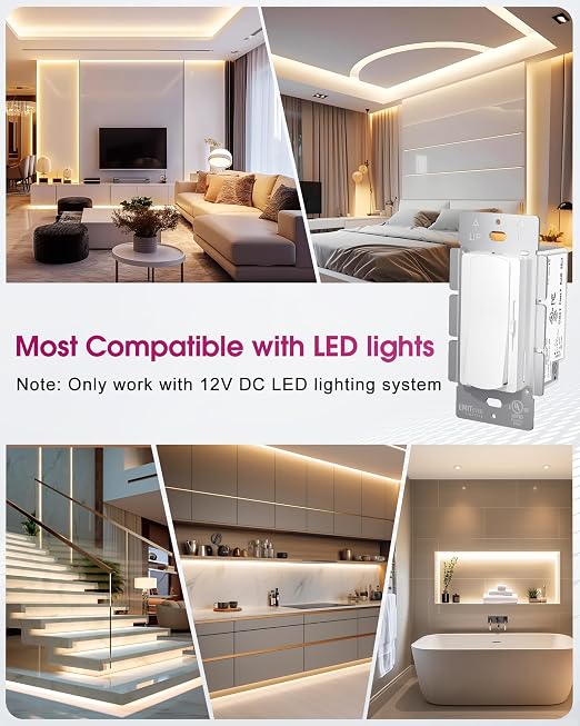 Dimmer Light Switch & 12V 60W Dimmable LED Driver 2 in 1, 2PK Single-Pole or 3-Way Slide Dimmer Switches for Led Strip Lights,120VAC to 12VDC Power Supply for Low Voltage Project, UL Listed