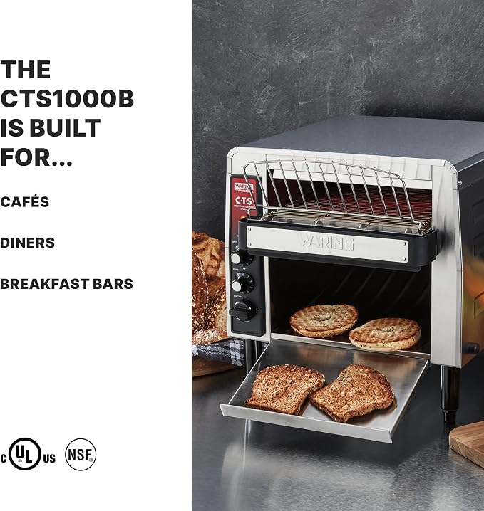 Waring Commercial Heavy-Duty Conveyor Toaster, 1000+ Slices per Hour, Stainless Steel Construction, for Cafes & Restaurants, NSF Certified, 208V, CTS1000B