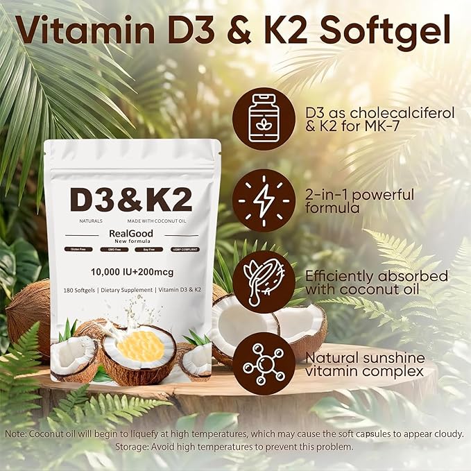 Real Good essentials VitaminD3 & K2 Coconut Oil Softgels Capsules | D3 10,000 IU + K2 MK-7 200 mcg | Upgraded High-Potency Formula for Bone, Immune Health, Boosts Energy & Calcium Absorption (1pc)