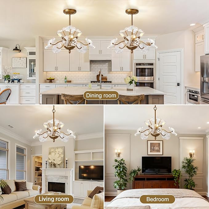 Luvkczc Modern Gold Chandelier,Vintage Brass Flower Glass Pendant Light Fixture,Mid Century Ceiling Light Fixture for Dining Room, Kitchen, Living Room, Bedroom Hallway Porch,3 Lights