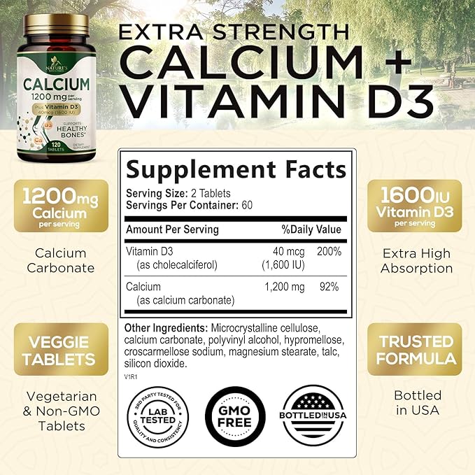 Calcium 1200 mg with Vitamin D3 - Per Serving - Bone Health Supplement - Vitamin D & Calcium Supplements for Women & Men - Bone Strength Support - Natural Calcium Pills - Bottled in USA - 120 Tablets