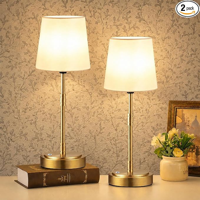 Cordless Table Lamps Set of 2 – Battery Operated Lamp with 7500mAh Rechargeable Battery, Stepless Dimmable Vintage Brushed Gold Desk Wireless Lamps for Dining Room, Nightstand & Patio (Bulbs Included)