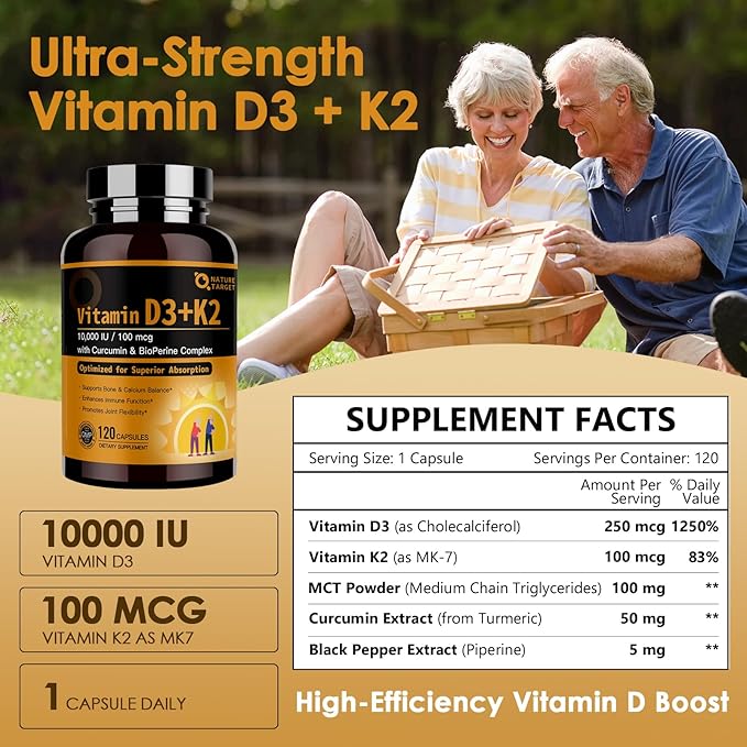 NATURE TARGET ビタミンD3 K2、高効能 10,000 IU D3、100 mcg K2(MK-7) サプリメント MCT配合、最高吸収シナジーフォーミュラ、骨、カルシウム、免疫の健康をサポート、120カプセル