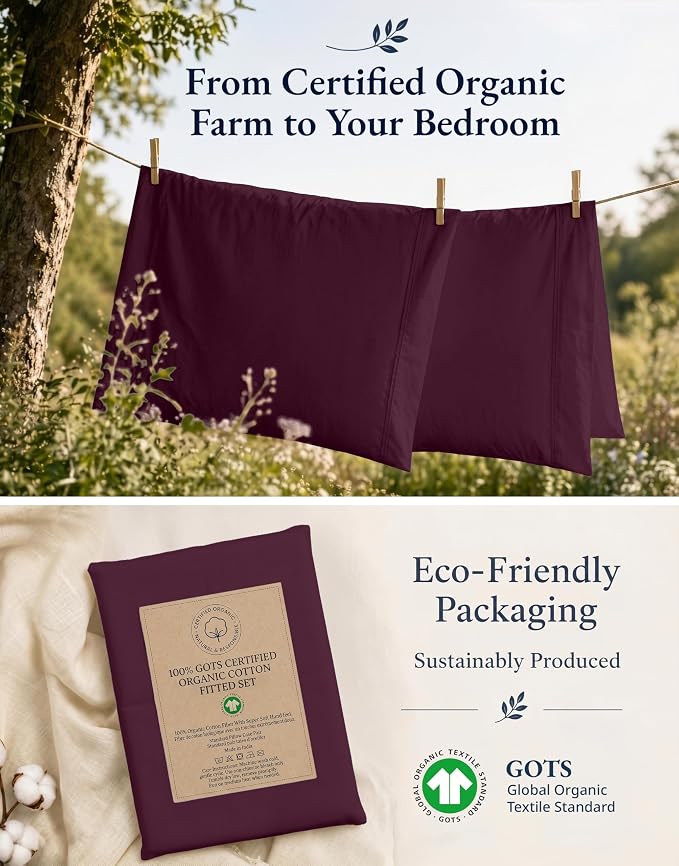 LANE LINEN Twin XL Fitted Sheet Set (No Flat Sheet) - 100% Organic Cotton Soft & Breathable Percale Weave Fitted Sheet Set For Extra Comfort - GOTS Certified - 15'' Deep Pocket - Windsor Wine