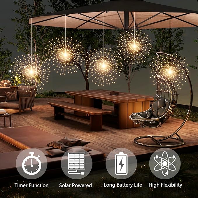 SHUKAN 5 Pcs 1000LED Solar Starburst Sphere Lights,Firework Light Remote Control Timer 8 Modes Dimmable Waterproof Hanging Fairy Light, Sparkly Lights for Patio Garden Tent Outdoor(Warm White)