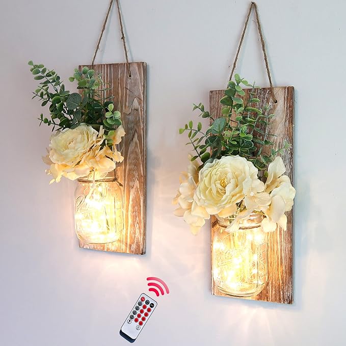 Rustic Wall Decor Set of 2, Modern Farmhouse Decor Living Room for Home Living Room Bedroom Decorations with Rose Bouquet Flowers and Remote LED Fairy Lights (X-Large Brown)