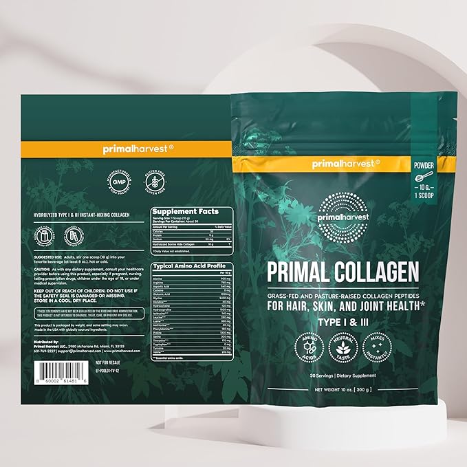 Primal Harvest Collagen Powder for Women or Men Primal Collagen Peptides Powder Type I & III, 10 Oz Collagen Protein Powder for Hair, Skin, Nails (Two Pack, Unflavored)