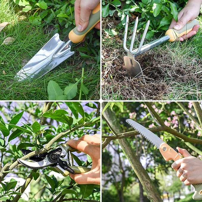 Garden Tool Set, WisaKey 9 Piece Stainless Steel Heavy Duty Gardening Hand Tools with Handle, Durable Garden Tool Bag, Gardening Gifts for Women and Men for Woman Mothers