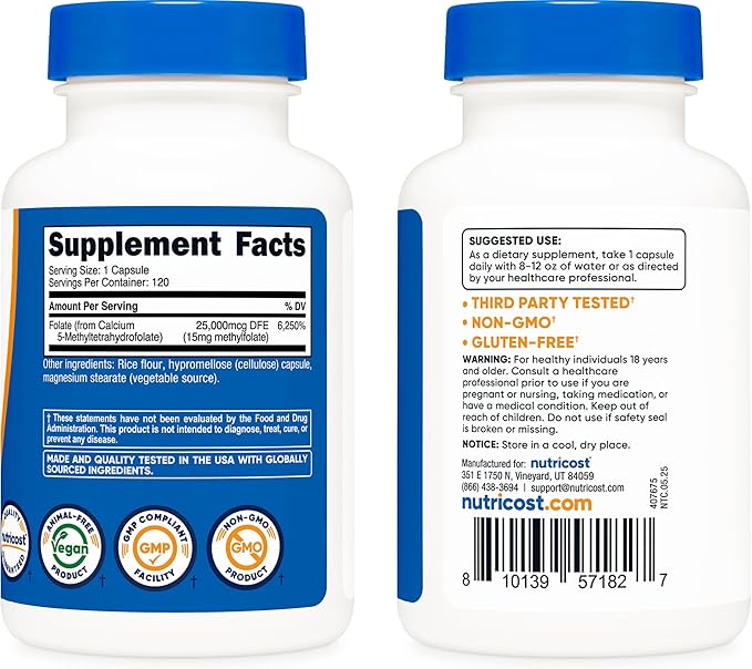 Nutricost L-Methylfolate 15mg, 120 Capsules (5-MTHF) - Vegan, Non-GMO, Gluten Free