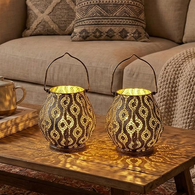 TRIROCKS Set of 2 Moroccan Decorative Lamps 8'' High Cordless Lamp Metal Table Lamps with Fairy Lights Bulb for Home Living Room Garden Yard Party Events Tabletop Indoor Outdoor(Black)