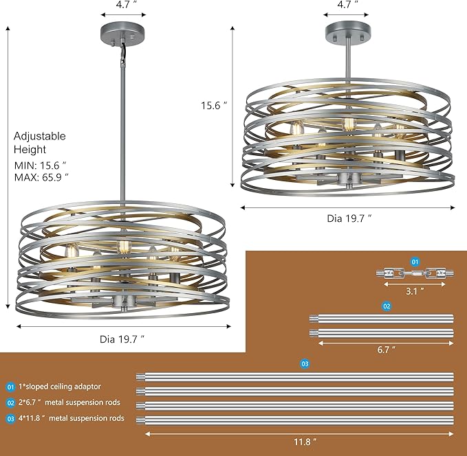 ACNKTZ 19.7'' Double Round Metal Chandelier, 5-Light Modern Farmhouse Dining Room Lights Over Table, Gold Chandelier for Hallway Kitchen Island Entryway Stairwell, Silver with Gold Interior