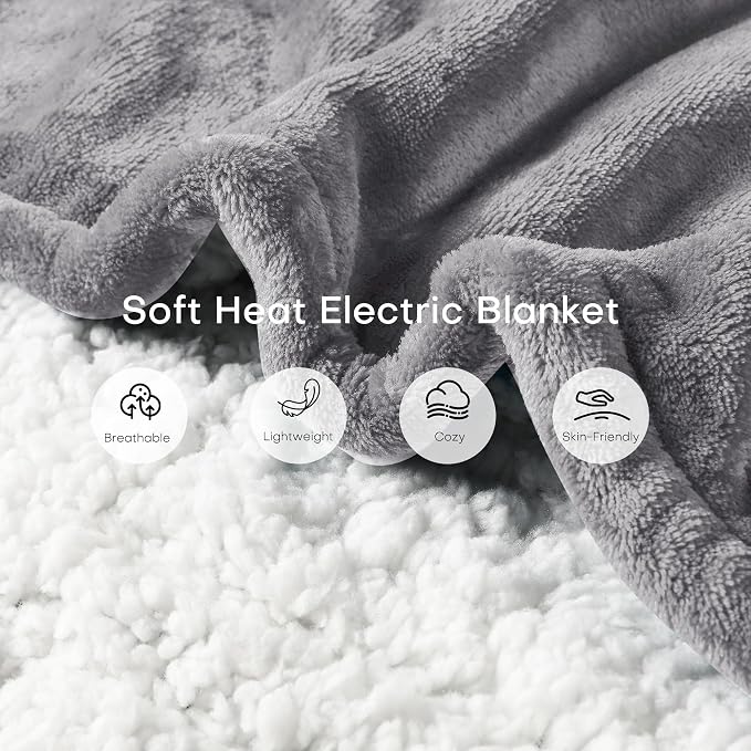 Electric Heated Blanket Throw Size 50"x60" – ETL Certified for Safe Overnight, 5 Heat Settings & 3H Auto Off, Thickened Flannel and Sherpa for Home Theater Night, Machine Washable – Ash Gray