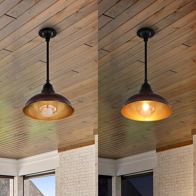 JONATHAN Y 12.25" Wood Finish/Copper Farmhouse Indoor/Outdoor LED Pendant Iron Hanging Light, and Black 1-Light Metal Shade, Rustic Ceiling Lamp for Kitchen Island, LED Bulb Included (JYL7611G)
