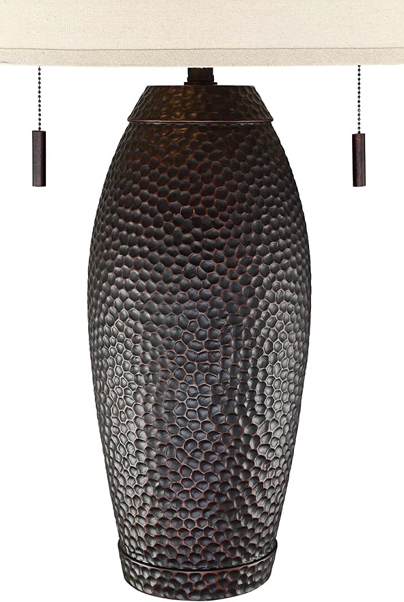 Franklin Iron Works Noah Rustic Farmhouse Table Lamp 31" Tall Bronze Brown Hammered Textured Oatmeal Fabric Drum Shade for Bedroom Living Room House Bedside Nightstand Home Office Entryway Family