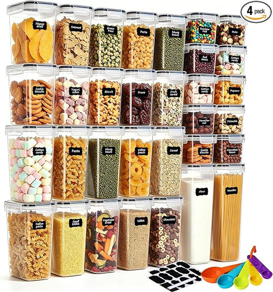 32 Pack Airtight Food Storage Containers with Lids, BPA Free Clear Plastic Pantry Storage Containers, Kitchen Pantry Organizers for Cereal, Flour, Sugar, Dry Food