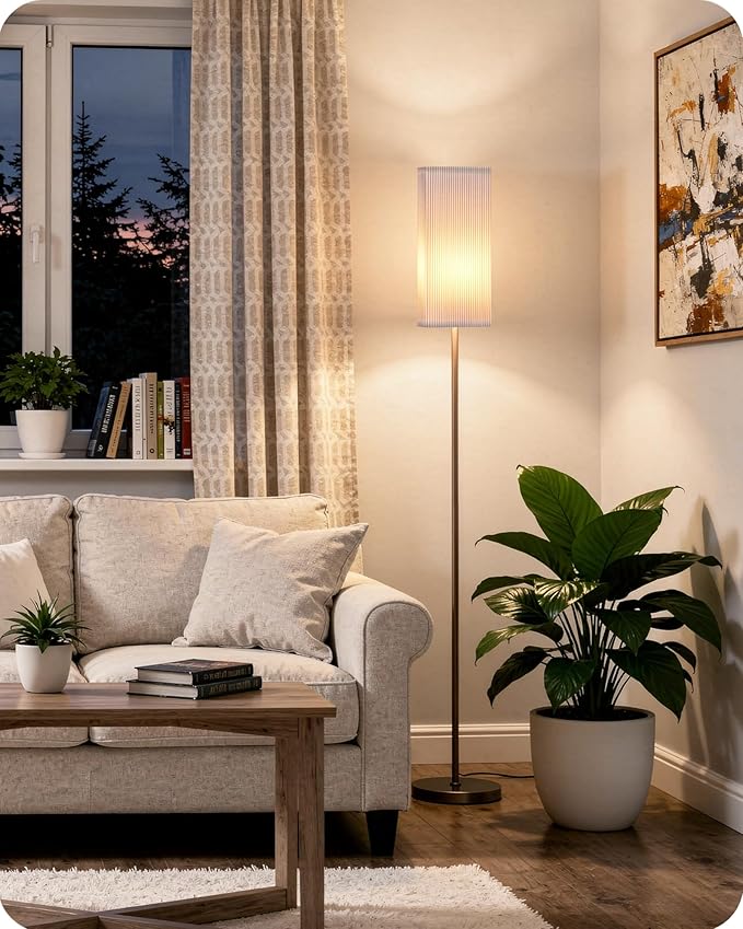 64.2'' Dimmable Floor Lamp for Living Room with Remote and Foot Switch, Corner Floor Lamp for Bedroom, Includes 10W A19 Bulb, Modern Standing Tall Lamp, ETL Listed, Brown and White VCW17LD05
