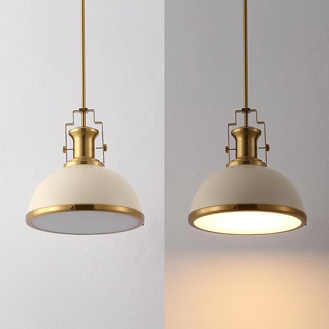 JONATHAN Y JYL9536F 13" Modern Industrial Dome Pendant Light, Farmhouse Hanging Light Fixture in Almond and Brass Gold, Adjustable Height Metal Lighting for Kitchen Island, Dining Room, Entryway