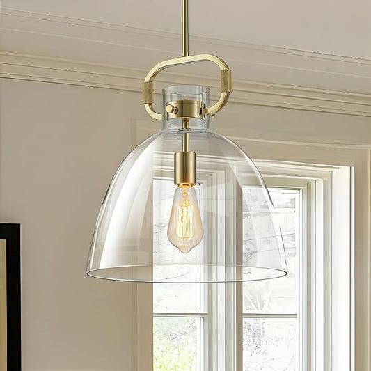 14’’ Large Glass Pendant Lights Kitchen Island, 1-Light Modern Gold Kitchen Island Lighting, Adjustable Antique Brass Hanging Pendant Light Fixture for Dining Room Bedroom Hallway E26