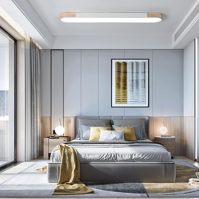 Qcyuui Modern LED Ceiling Light,39.4 Inch Dimmable LED Flush Mount Ceiling Lights,White and Gold Long Ceiling Light Fixture for Office Bedroom Kitchen Hallway (48W/3000-6500K)