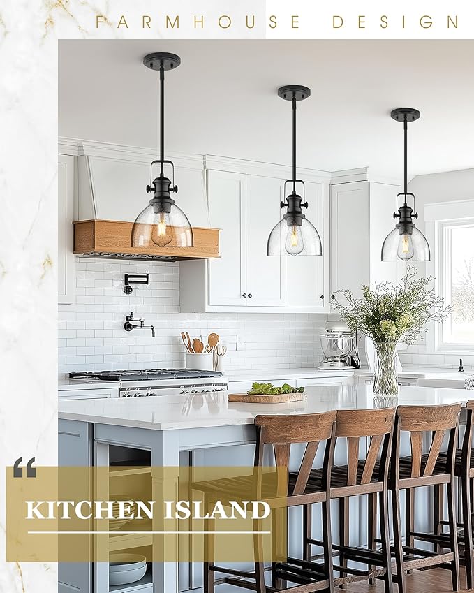 Black Pendant Lights Kitchen Island, 7.5" Farmhouse Pendant Lighting with Clear Seeded Glass Shade, Vintage Hanging Light Fixtures for Dining Room, AD-22151-1P-BK-G