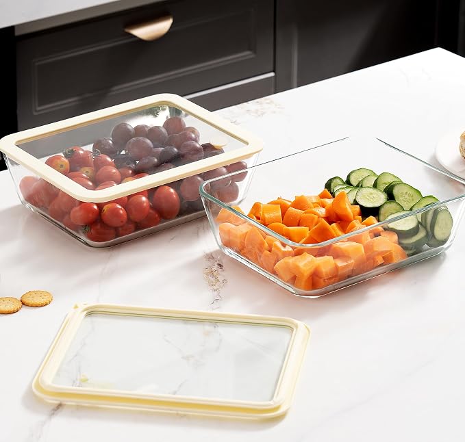 Urban Green Glass Food Container Set with Glass Lid, Large Meal Prep Container Set, Airtight Food Storage Containers with Air Vent Lid, 2 Pack, Large, 87oz, LeakProof, 100% Plastic Free, White color,