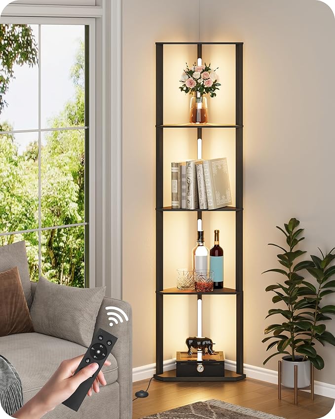 63.4” Display Shelf with Light, Modern Corner Floor Lampe with Shelves, LED Dimmable Standing Lamp with Remote for Living Room, Bedroom, Office, Adjustable CCT, Black Triangle B55LD05