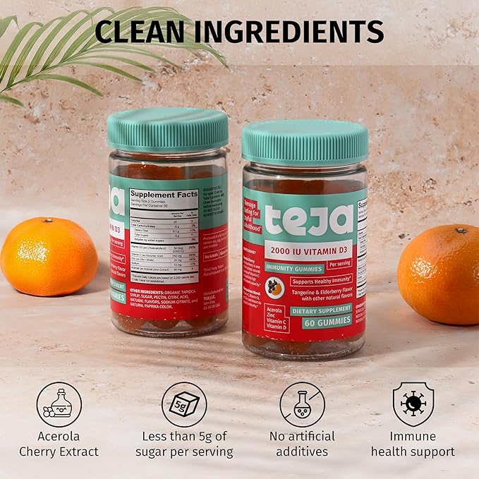Gummies de soutien immunitaire TEJA pour adolescents avec vitamine D 2000 UI, VIT C, Zinc et Acérola. Supplément à faible teneur en sucre, Multivitamine quotidienne pour l'immunité des adolescents de 12 à 17 ans et des adultes. 60 Gummies