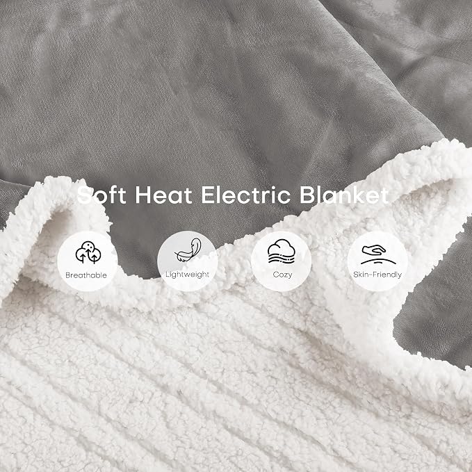 Electric Heated Blanket 62"x84" Twin Size for Safe All Night Rest, Dual-Sided Microplush Sherpa for Bedroom Couch Use, 4 Heat Settings & 10 Hours Auto Off Energy Saving, Machine Washable - Light Gray