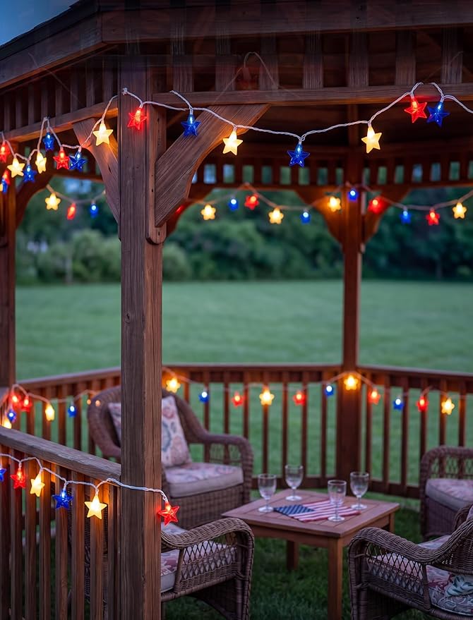 8.5Ft 10LED Red White and Blue Star String Lights, 4th of July Decorations Lights for Outdoor, Connectable LED Patriotic Lights Waterproof for Backyard Patio Flag Day Memorial Day Independence Day