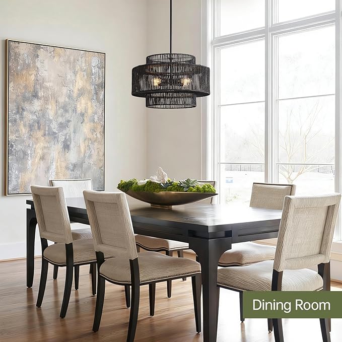 4-Light Black Boho Rattan Chandelier for Dining Room, 17.7” Hand Woven Pendant Light Fixture, Coastal Wicker Hanging Ceiling Light for Kitchen Island Living Room Bedroom Entryway Foyer