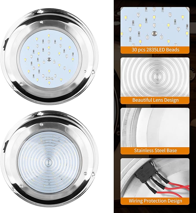 RVZONE Marine Boat Dome Light 12V LED Marine Lights Interior with Toggle Switch 7" LED Boat Cabin Lighting with Stainless Steel Surface Mount