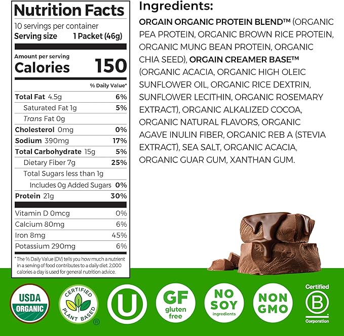Orgain Organic Vegan Protein Powder, Creamy Chocolate Fudge - 21g Plant Protein, 6g Prebiotic Fiber, Low Carb, No Lactose Ingredients, No Added Sugar, Non-GMO, 10 Single Serve Individual Packets