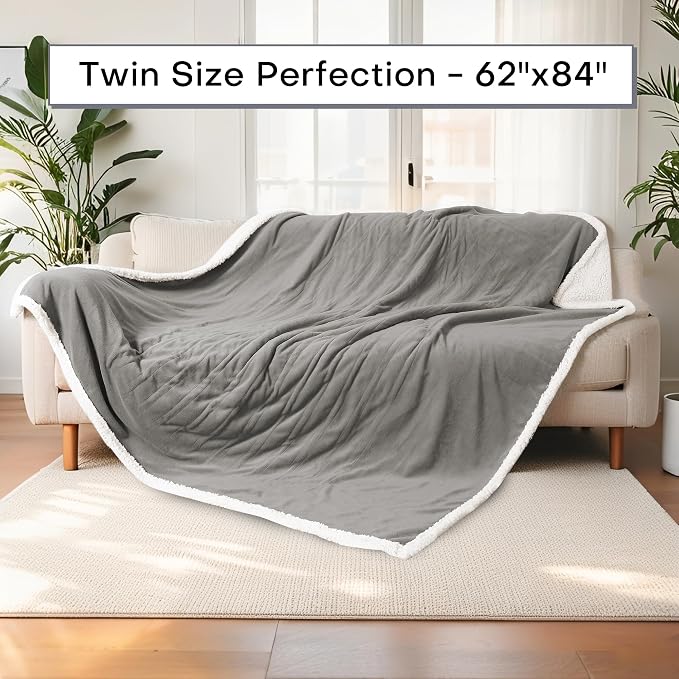 Electric Heated Blanket 62"x84" Twin Size for Safe All Night Rest, Dual-Sided Microplush Sherpa for Bedroom Couch Use, 4 Heat Settings & 10 Hours Auto Off Energy Saving, Machine Washable - Light Gray