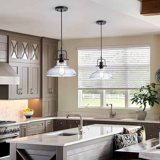 Zlepmlla Glass Pendant Light，Black Pendant Light Fixtures with Seeded Glass Shade, Adjustable Height Hanging Lights for Hallway, Kitchen Island, Dinning Room（Bulb not Included）
