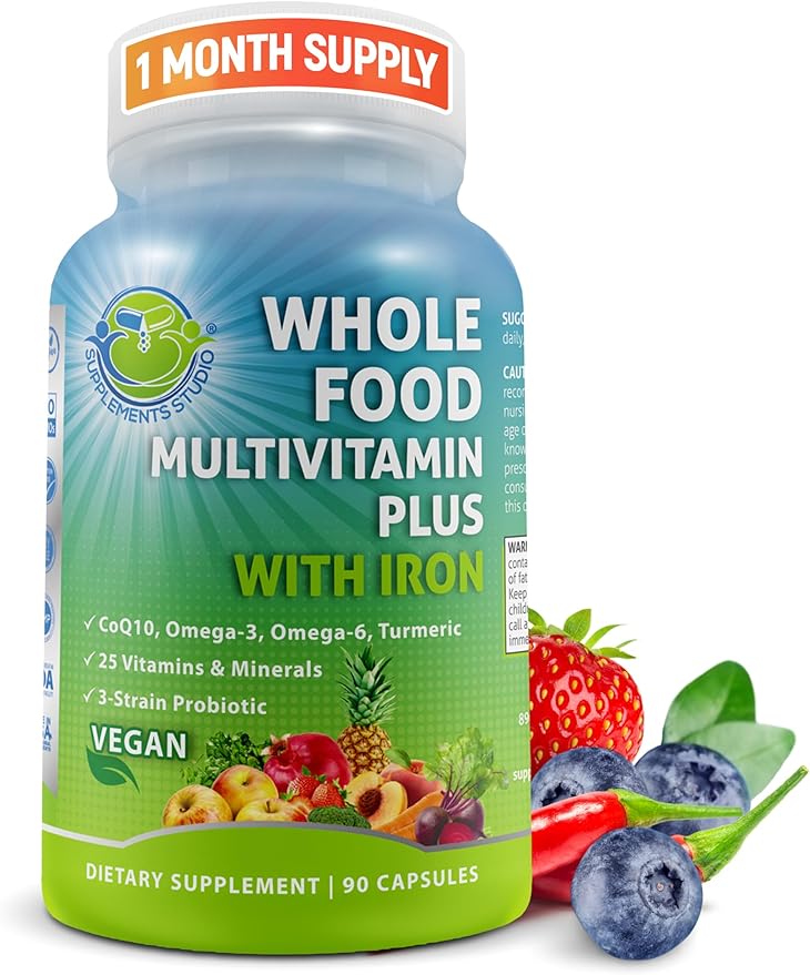 Multivitamines quotidiennes végétaliennes complètes avec fer, multivitamines méthylées pour femmes et hommes, à base de fruits et légumes, complexe de vitamines B, probiotiques, enzymes, CoQ10, oméga, curcuma, sans OGM, 90 capsules