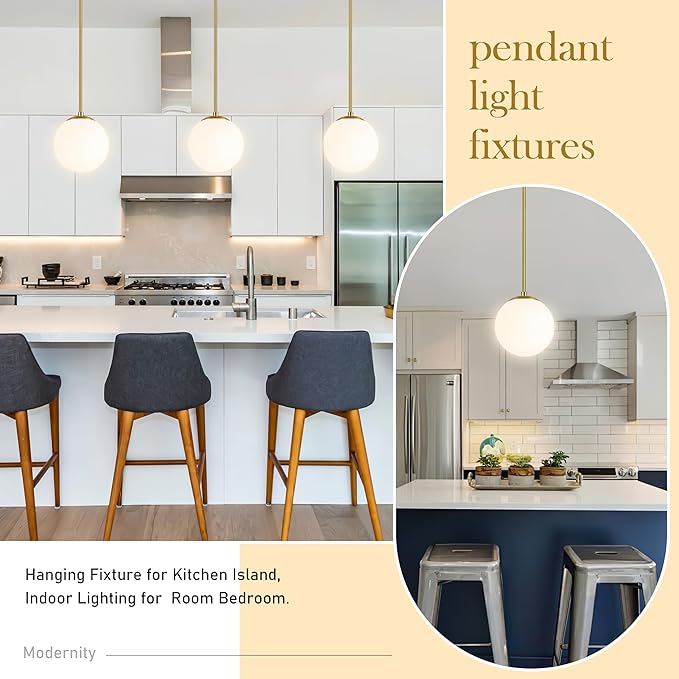 Bagood 8" Globe Pendant Light Gold 2 Pack Mid Century Pendant Light Globe Pendant Lights Kitchen Island Brushed Brass Finished with Milk Glass Adjustable Ceiling Light Fixtures for Dining Room Bar