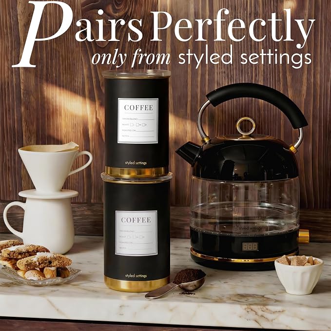 STYLED SETTINGS Coffee Bar Canisters Set of 2 – Vacuum Coffee Canisters with Airtight Lids & Scoop, Black & Gold Stainless Steel Food Storage Containers for Beans or Grounds – Coffee Lover Gifts