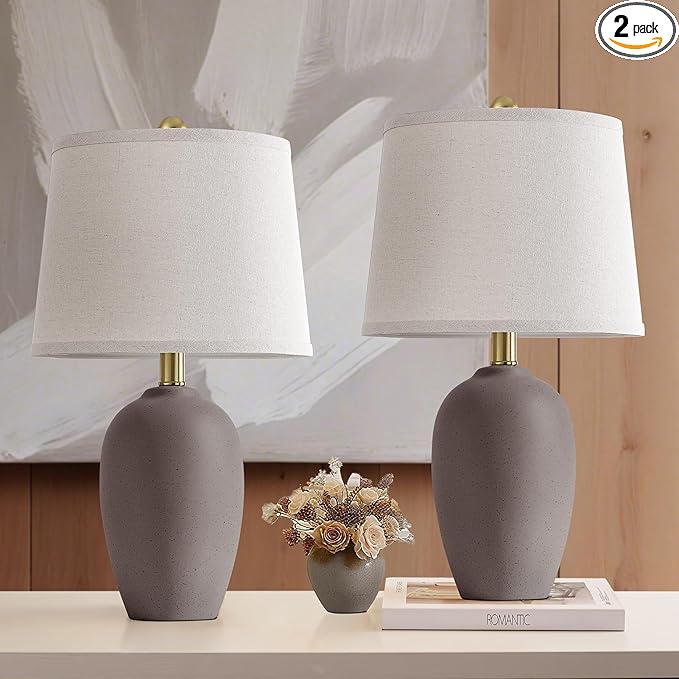 AIEAMPDO 21'' Set of 2 Farmhouse Ceramic Table Lamps for Living Room Bedroom, Nightstand Rustic Brown Desk Lamp for Bedside End Table Entryway, 2 LED Bulbs Included