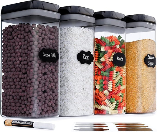 Chef's Path Airtight Food Storage Boxes with Labels - Kitchen Storage - Flour, Cereal, Pasta - Plastic Storage Boxes with Lids (4pcs-3.2L)
