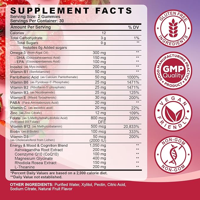 Methylated Vitamin B Complex Gummies for Women & Men with Vitamin B1, B2, B3, B5, B6, B7, B9, B12 & Magnesium, Omega-3, CoQ10, Supports Brain Health, Energy, Immune, Sugar Free, Fruit Flavor, 120ct