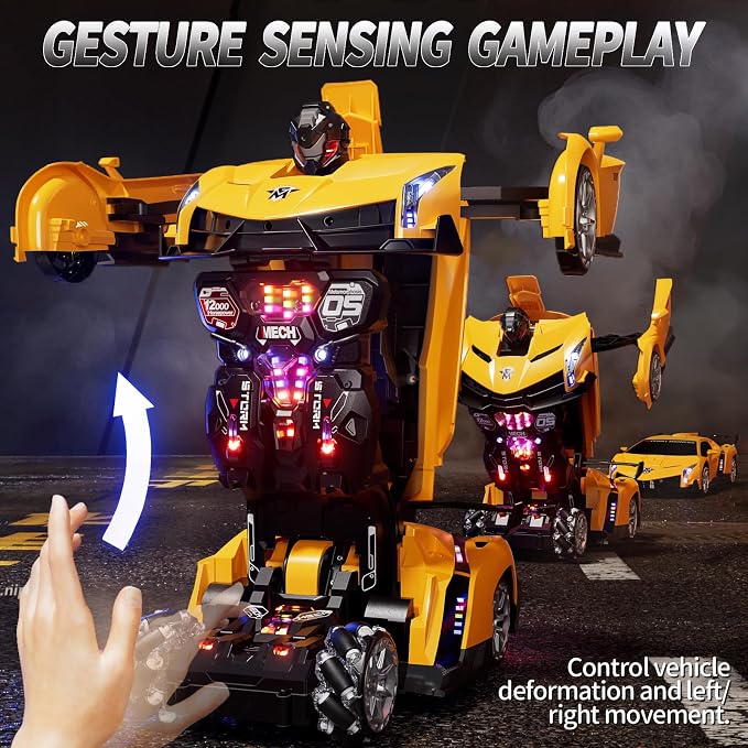 1:10 Big Size Transform RC Car, Gesture Sensing Transformation 2.4GHz Remote Control Car, One Button Deformation to Robot with LED Lights, Transforming Toy Cars Gift for Kids Age 8-12 Years Old Boys