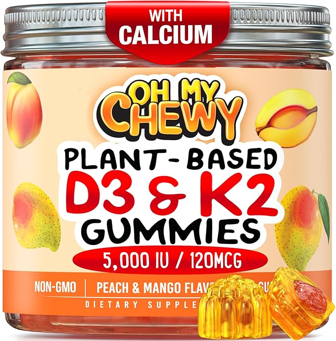 Gummies de Vitamine D3 K2 et Calcium fourrées au centre - Supplément pour des Dents, des Os et de l'Énergie Sains - 5000 UI D3, 120 mcg K2 (MK-7), 120 mg CA - Végétalien et Sans OGM - 60 Unités